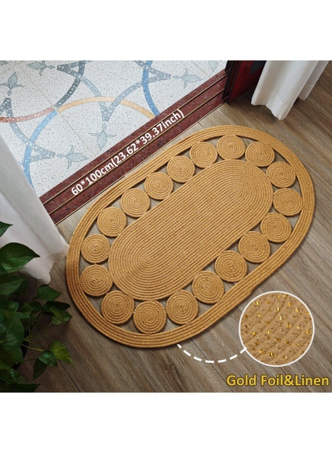LAZY H CORNER Oval Gold Luxury Doormat - Washable Non-Slip Entrance Rug - Handwoven Linen & Cotton Mats - Soft Bohemian - Modern Entry Carpets - Image 1